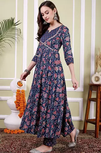 Floral Printed Notch Neck Pure Cotton Anarkali Kurta With Trousers & Dupatta