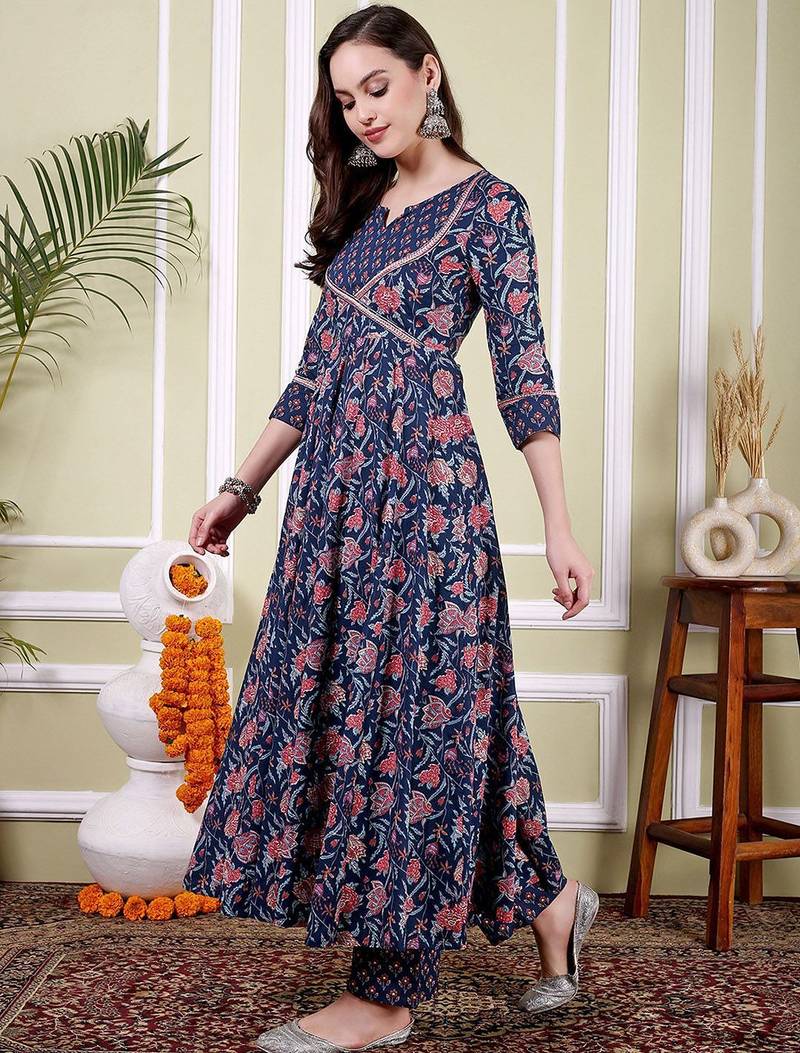 Floral Printed Notch Neck Pure Cotton Anarkali Kurta With Trousers & Dupatta