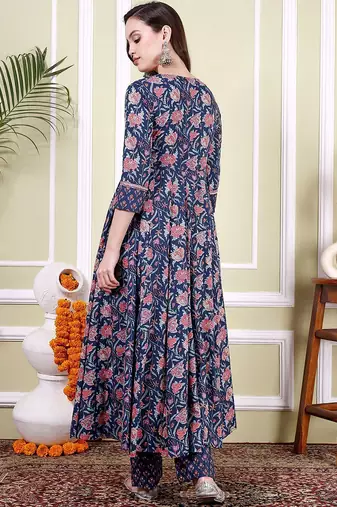 Floral Printed Notch Neck Pure Cotton Anarkali Kurta With Trousers & Dupatta