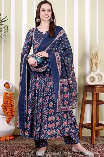 Floral Printed Notch Neck Pure Cotton Anarkali Kurta With Trousers & Dupatta