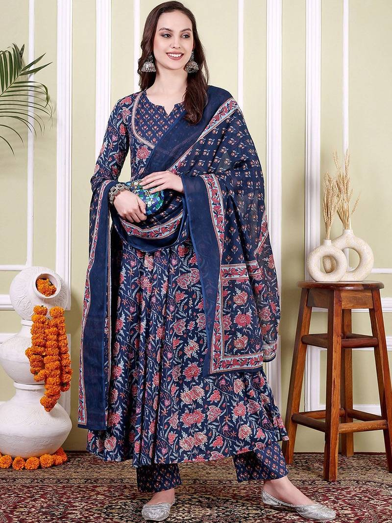 Floral Printed Notch Neck Pure Cotton Anarkali Kurta With Trousers & Dupatta