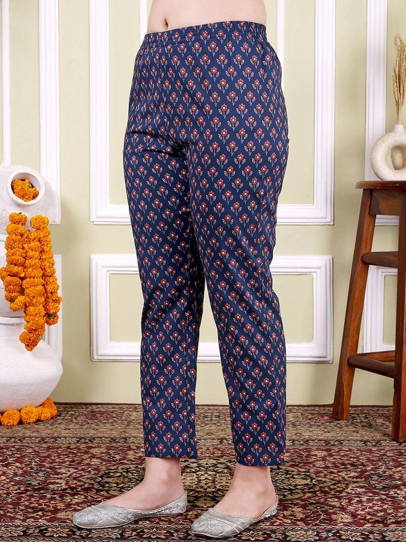 Floral Printed Notch Neck Pure Cotton Anarkali Kurta With Trousers & Dupatta