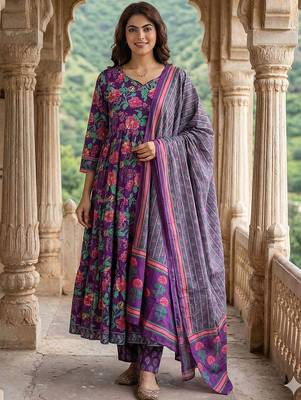 Women Floral Printed Tiered Pure Cotton Kurta with Trousers & With Dupatta 1