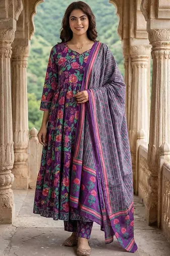 Women Floral Printed Tiered Pure Cotton Kurta with Trousers & With Dupatta