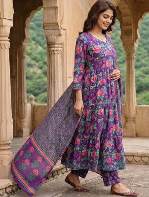 Women Floral Printed Tiered Pure Cotton Kurta with Trousers & With Dupatta 2