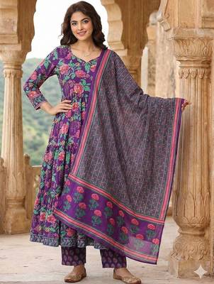 Women Floral Printed Tiered Pure Cotton Kurta with Trousers & With Dupatta 4