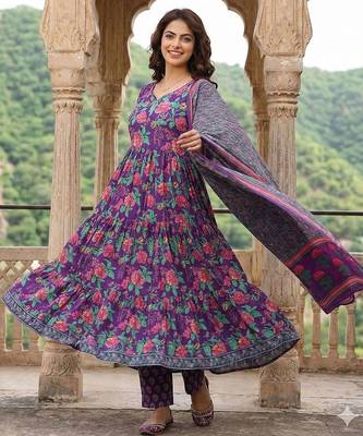 Women Floral Printed Tiered Pure Cotton Kurta with Trousers & With Dupatta 5