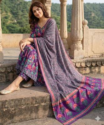 Women Floral Printed Tiered Pure Cotton Kurta with Trousers & With Dupatta 6