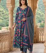 Women Floral Printed Tiered Pure Cotton Kurta with Trousers & With Dupatta