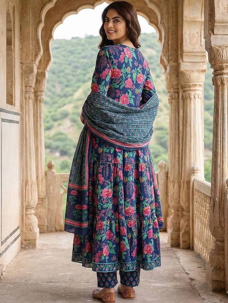 Women Floral Printed Tiered Pure Cotton Kurta with Trousers & With Dupatta