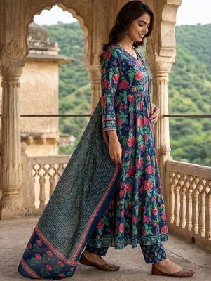 Women Floral Printed Tiered Pure Cotton Kurta with Trousers & With Dupatta 4