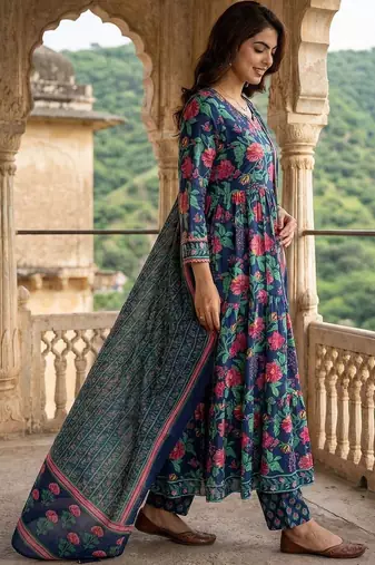 Women Floral Printed Tiered Pure Cotton Kurta with Trousers & With Dupatta