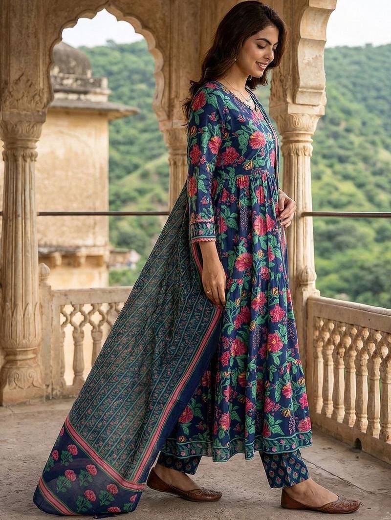 Women Floral Printed Tiered Pure Cotton Kurta with Trousers & With Dupatta