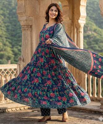 Women Floral Printed Tiered Pure Cotton Kurta with Trousers & With Dupatta 5