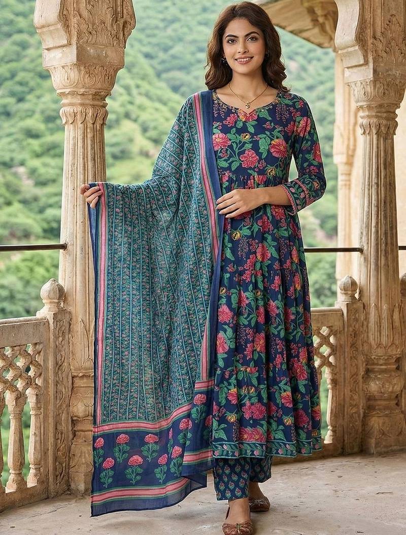 Women Floral Printed Tiered Pure Cotton Kurta with Trousers & With Dupatta