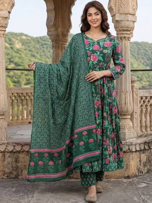 Women Floral Printed Tiered Pure Cotton Kurta with Trousers & With Dupatta 1