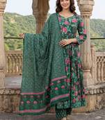 Women Floral Printed Tiered Pure Cotton Kurta with Trousers & With Dupatta