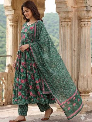 Women Floral Printed Tiered Pure Cotton Kurta with Trousers & With Dupatta 2