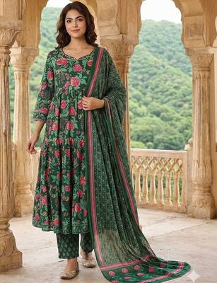 Women Floral Printed Tiered Pure Cotton Kurta with Trousers & With Dupatta 4