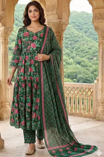 Women Floral Printed Tiered Pure Cotton Kurta with Trousers & With Dupatta
