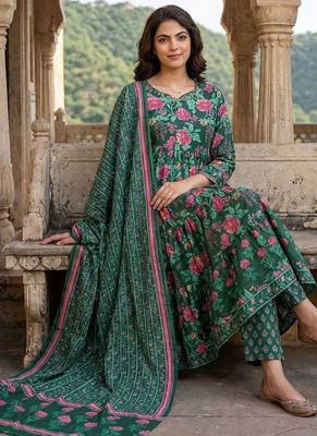 Women Floral Printed Tiered Pure Cotton Kurta with Trousers & With Dupatta 6