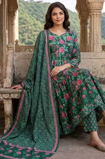 Women Floral Printed Tiered Pure Cotton Kurta with Trousers & With Dupatta