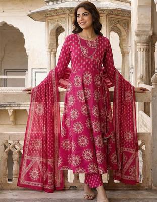Women Ethnic Motifs Printed Angrakha Pure Cotton Kurta with Trousers & With Dupatta 1