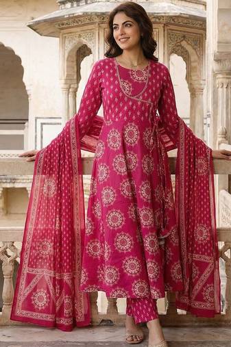 Women Ethnic Motifs Printed Angrakha Pure Cotton Kurta with Trousers & With Dupatta