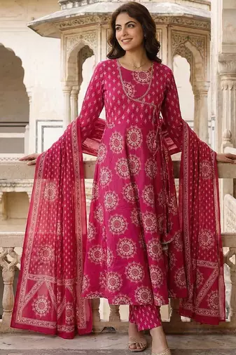 Women Ethnic Motifs Printed Angrakha Pure Cotton Kurta with Trousers & With Dupatta