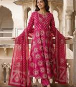 Women Ethnic Motifs Printed Angrakha Pure Cotton Kurta with Trousers & With Dupatta