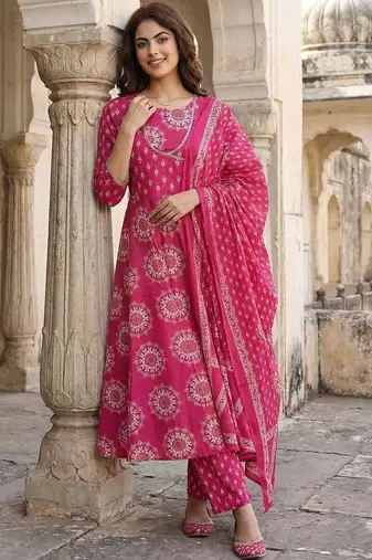 Women Ethnic Motifs Printed Angrakha Pure Cotton Kurta with Trousers & With Dupatta