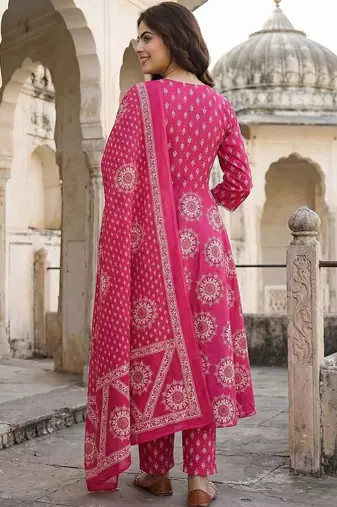 Women Ethnic Motifs Printed Angrakha Pure Cotton Kurta with Trousers & With Dupatta