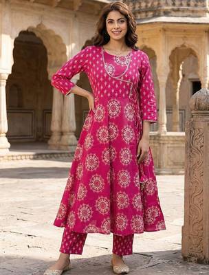 Women Ethnic Motifs Printed Angrakha Pure Cotton Kurta with Trousers & With Dupatta 4
