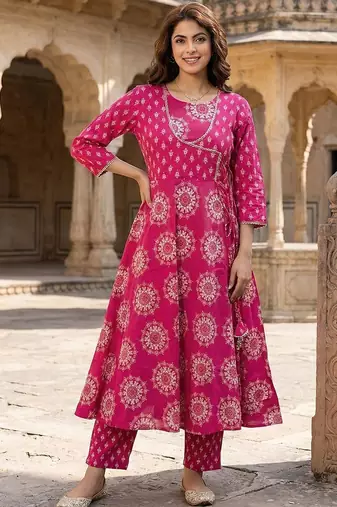 Women Ethnic Motifs Printed Angrakha Pure Cotton Kurta with Trousers & With Dupatta