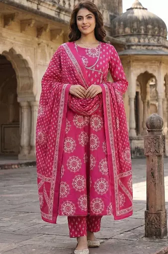 Women Ethnic Motifs Printed Angrakha Pure Cotton Kurta with Trousers & With Dupatta