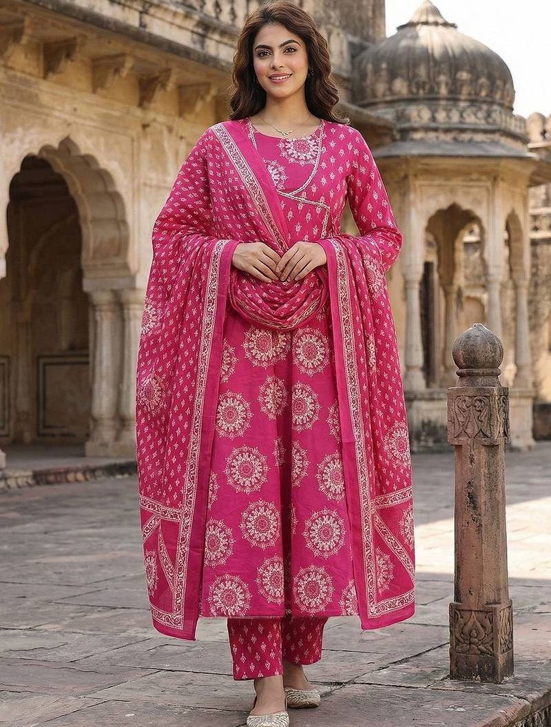 Women Ethnic Motifs Printed Angrakha Pure Cotton Kurta with Trousers & With Dupatta