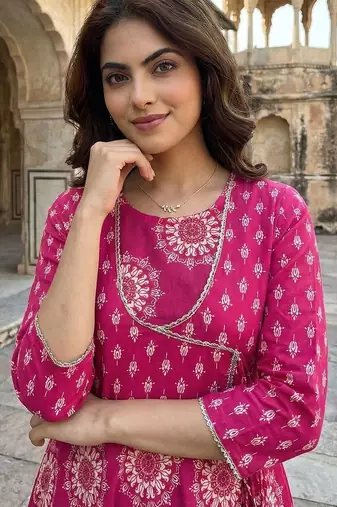 Women Ethnic Motifs Printed Angrakha Pure Cotton Kurta with Trousers & With Dupatta
