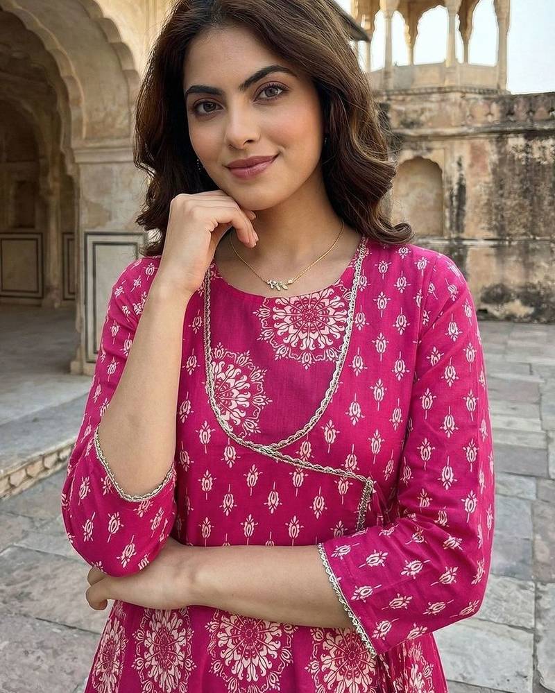 Women Ethnic Motifs Printed Angrakha Pure Cotton Kurta with Trousers & With Dupatta