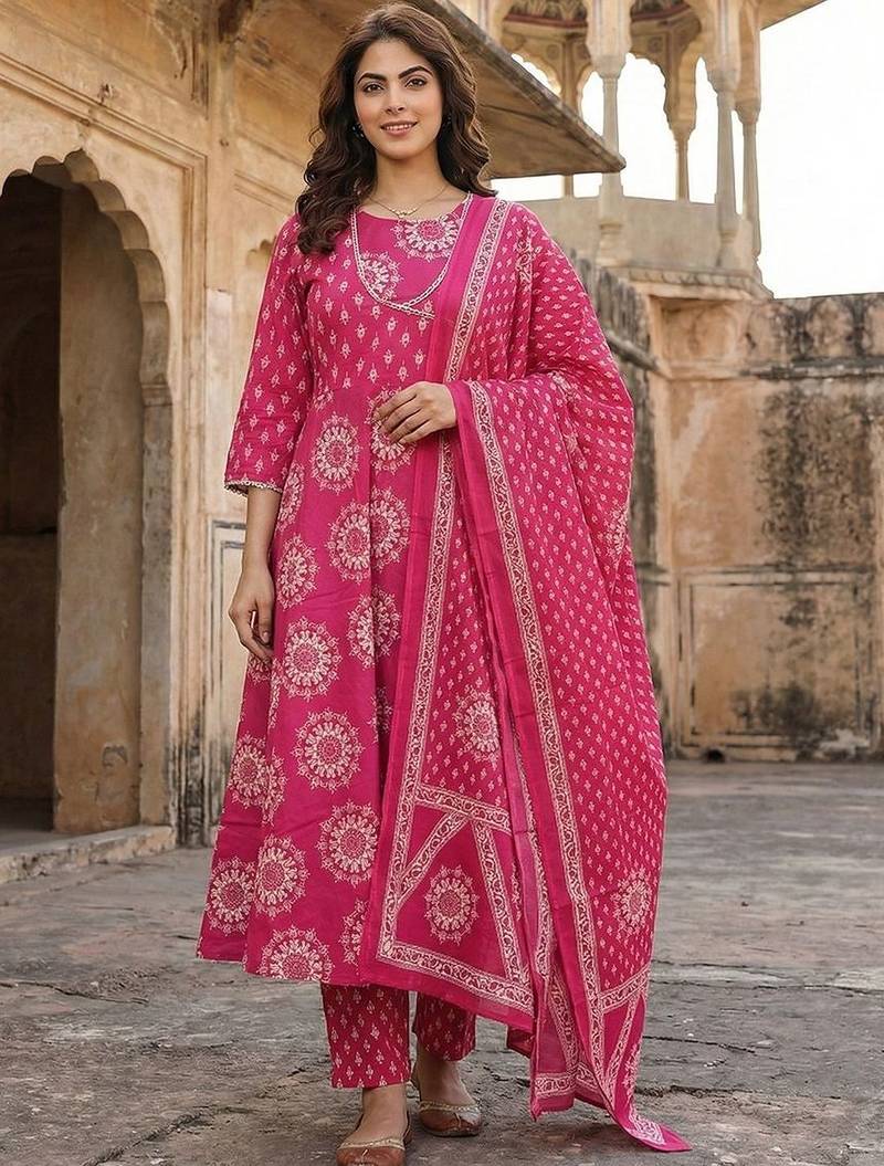 Women Ethnic Motifs Printed Angrakha Pure Cotton Kurta with Trousers & With Dupatta