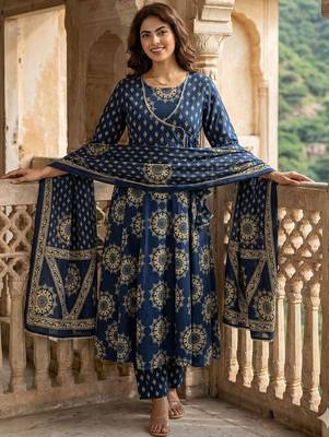 Women Ethnic Motifs Printed Angrakha Pure Cotton Kurta with Trousers & With Dupatta 1