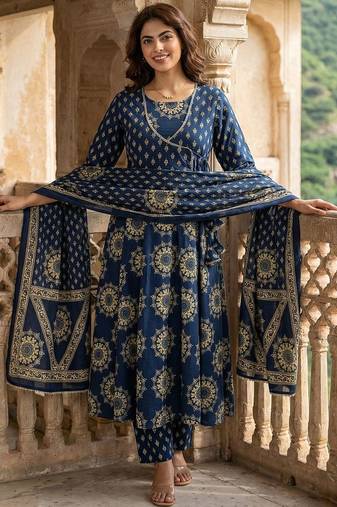 Women Ethnic Motifs Printed Angrakha Pure Cotton Kurta with Trousers & With Dupatta