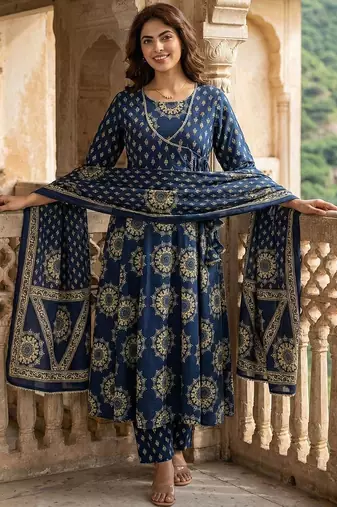 Women Ethnic Motifs Printed Angrakha Pure Cotton Kurta with Trousers & With Dupatta