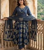 Women Ethnic Motifs Printed Angrakha Pure Cotton Kurta with Trousers & With Dupatta