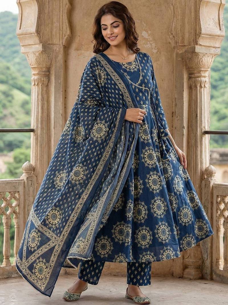 Women Ethnic Motifs Printed Angrakha Pure Cotton Kurta with Trousers & With Dupatta