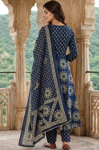 Women Ethnic Motifs Printed Angrakha Pure Cotton Kurta with Trousers & With Dupatta