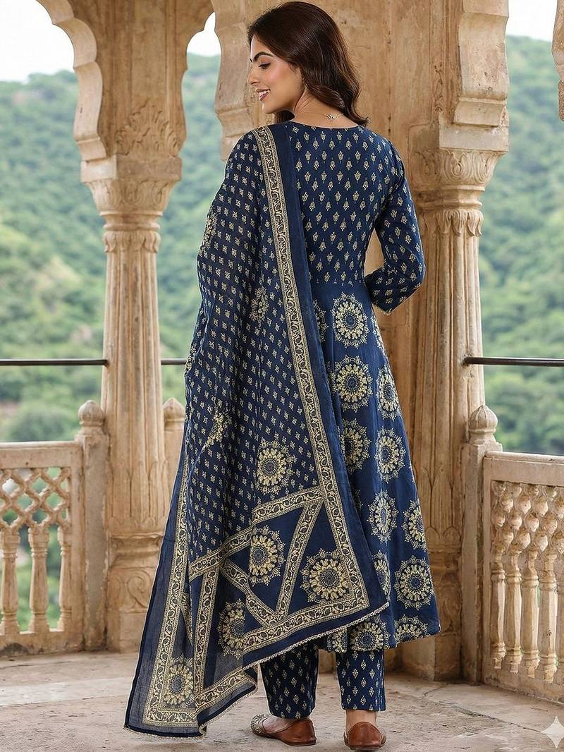 Women Ethnic Motifs Printed Angrakha Pure Cotton Kurta with Trousers & With Dupatta