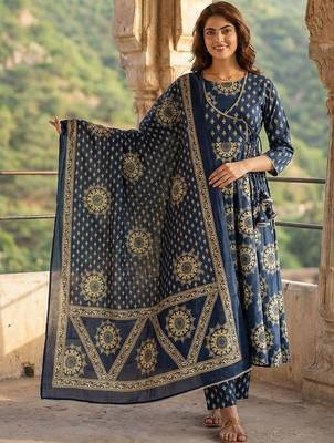 Women Ethnic Motifs Printed Angrakha Pure Cotton Kurta with Trousers & With Dupatta 4