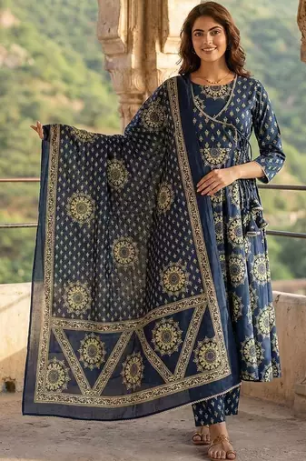 Women Ethnic Motifs Printed Angrakha Pure Cotton Kurta with Trousers & With Dupatta