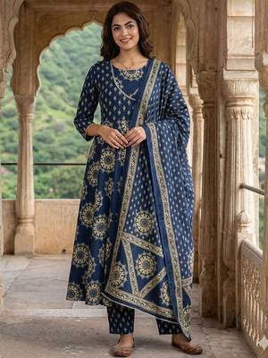 Women Ethnic Motifs Printed Angrakha Pure Cotton Kurta with Trousers & With Dupatta 5