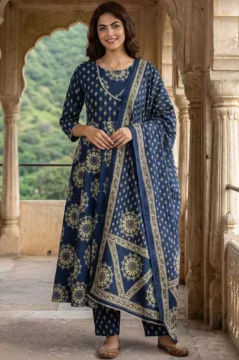 Women Ethnic Motifs Printed Angrakha Pure Cotton Kurta with Trousers & With Dupatta